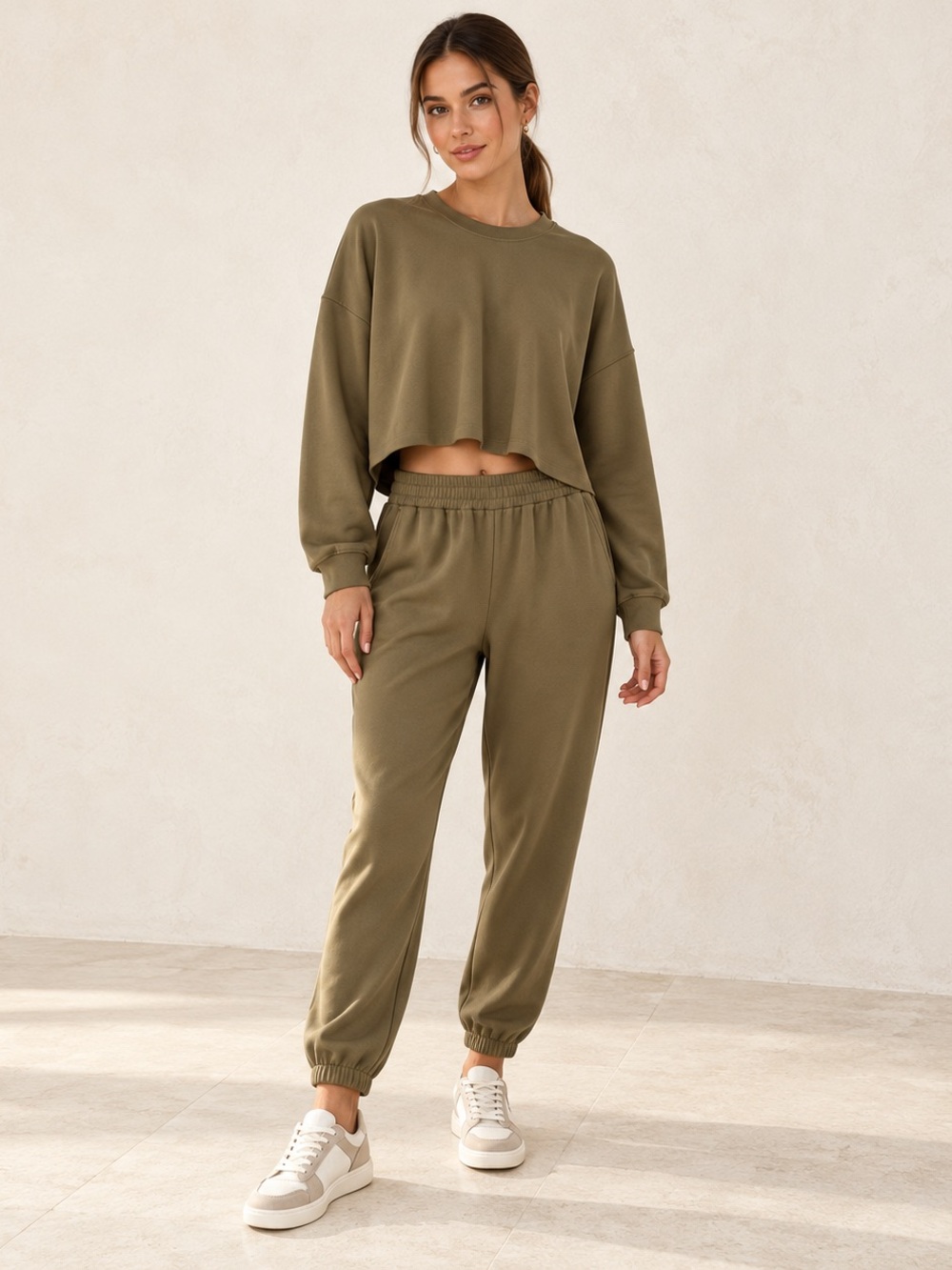WeWoreWhat Camel Olive Cropped Top & Jogger Set